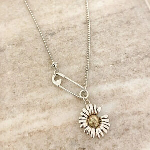 925 Sterling Silver Sunflower Necklace Modern Flower Necklace Paperclip Necklace